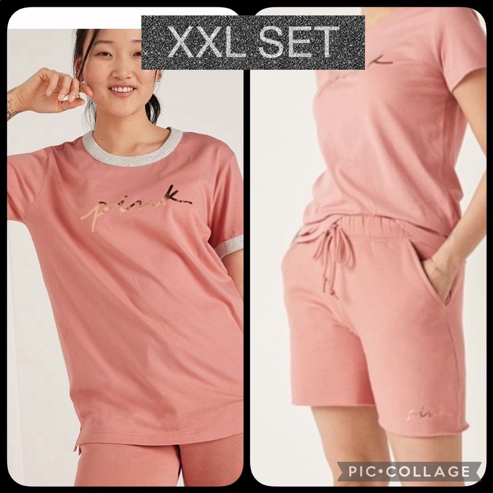 Vs pink dad shorts campus short sleeve tee French rose gold script logo